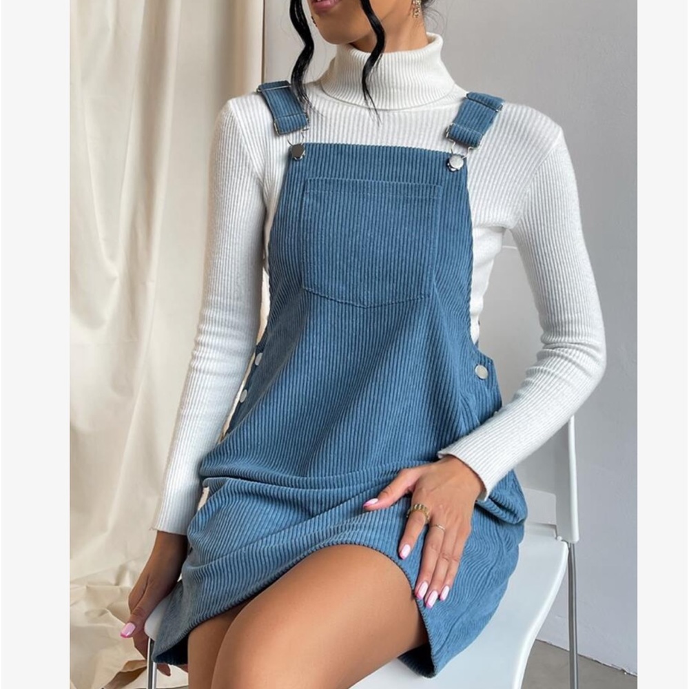 Classic Elegant Corduroy Solid Pocket Jumper Overall Dress Without Sweater BLACK - Picture 8 of 13